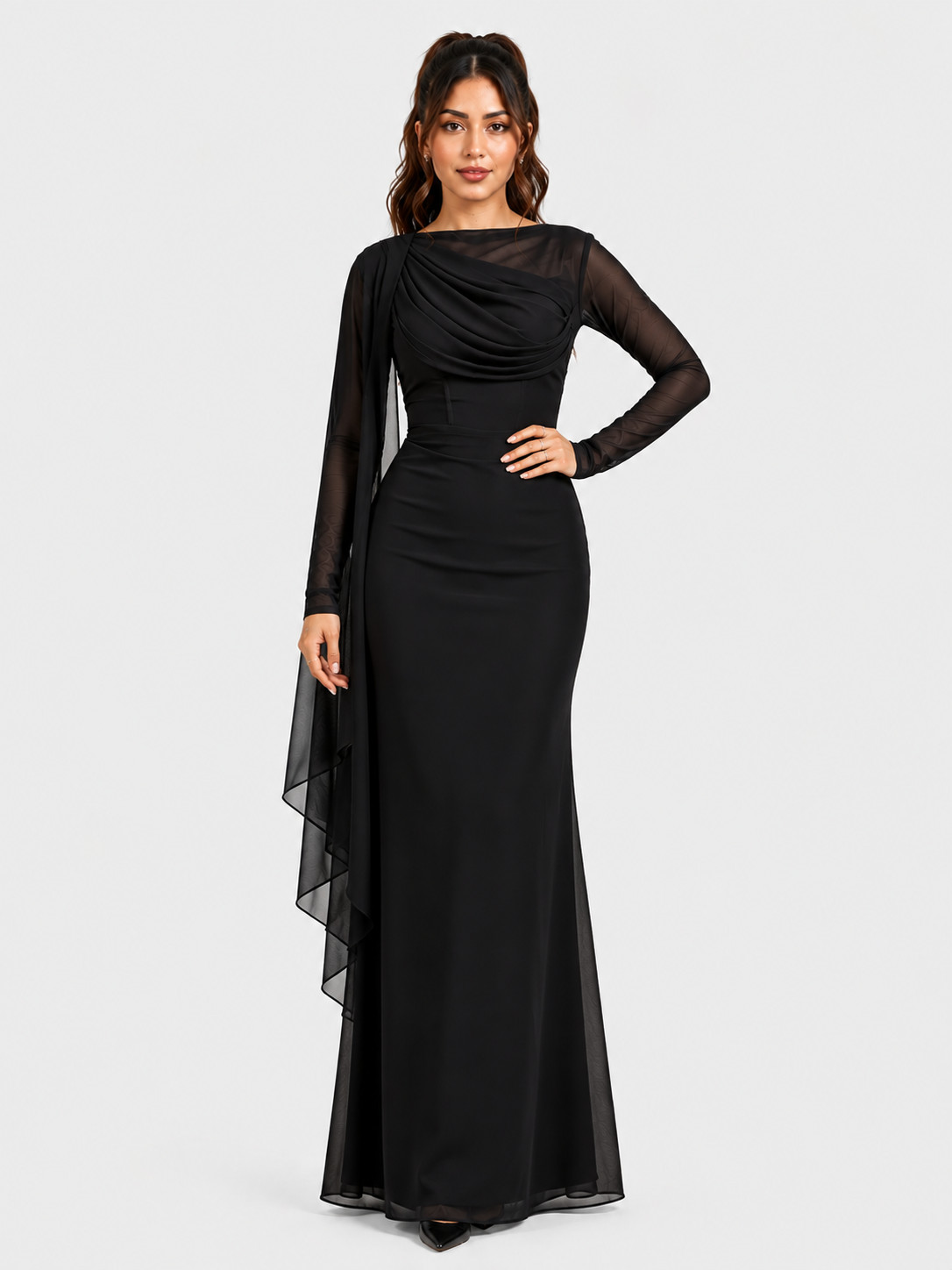 Draped Mesh Maxi Dress