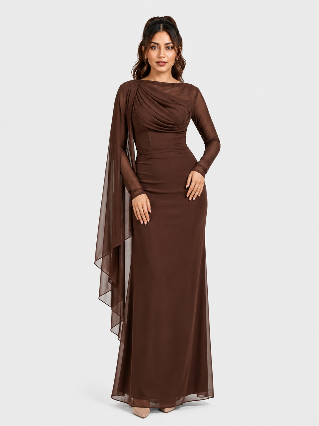 Draped Mesh Maxi Dress