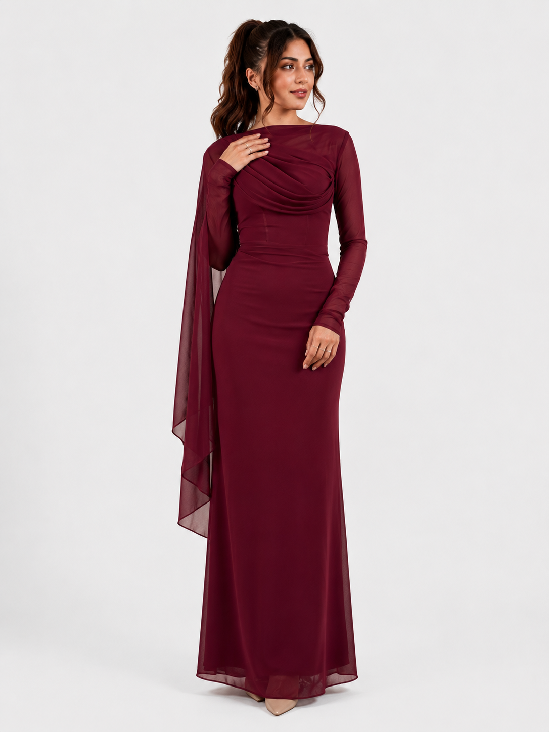 Draped Mesh Maxi Dress